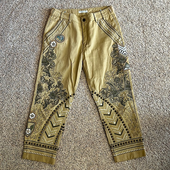 Spell & The Gypsy NWOT Boho Tan Embroidered Cropped Pants **Size S** 🌸🌸 - Picture 1 of 10